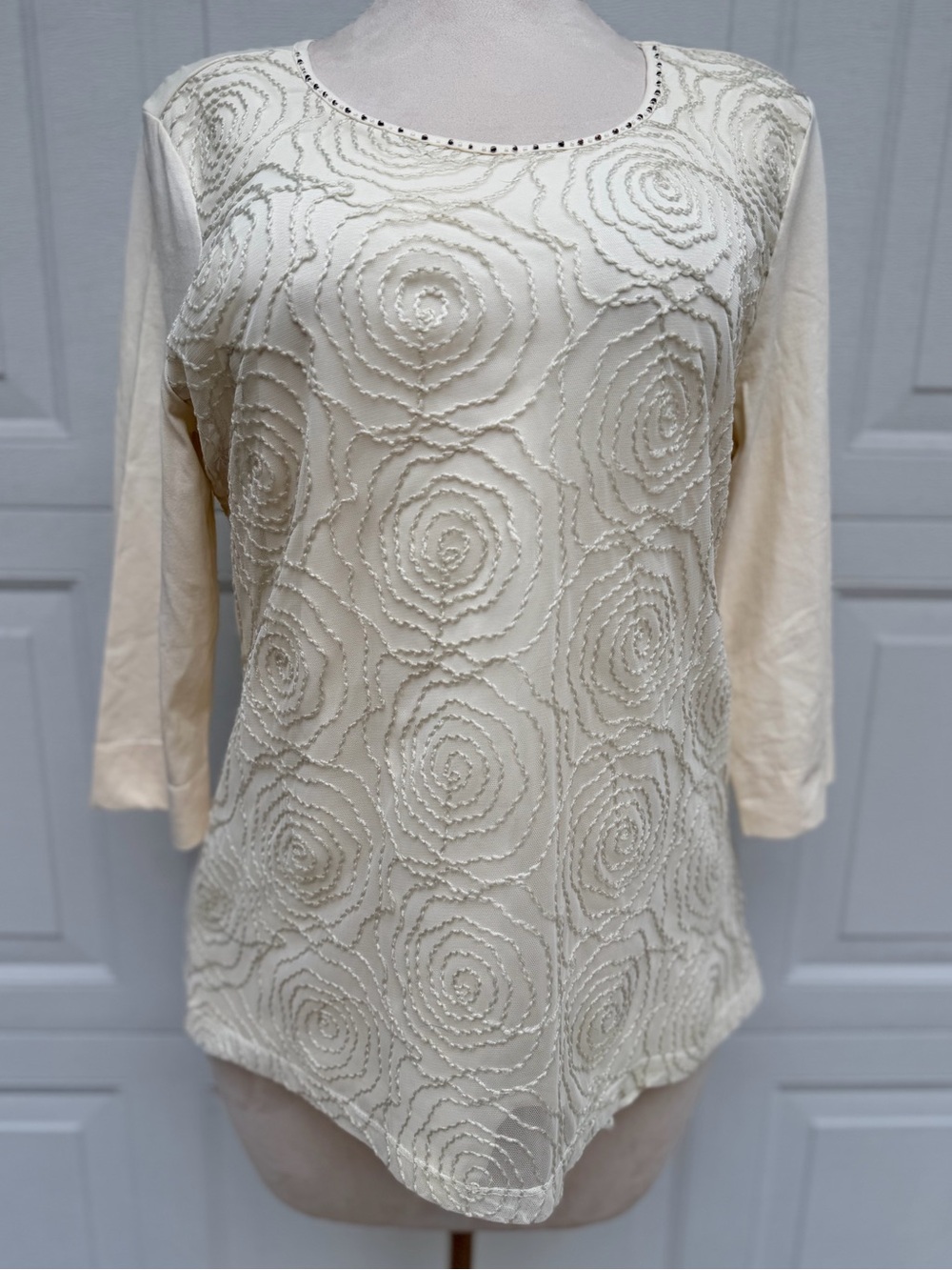 Christopher & Banks XL Cream Embroidered Mesh Asymmetrical Rhinestone Top Fairy